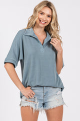 Blue Ribbed Collared Top