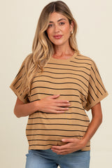 Taupe Striped Boxy Short Sleeve Maternity Top