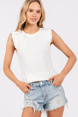 Ivory Ribbed Ruffle Shoulder Tank Top