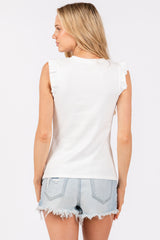 Ivory Ribbed Ruffle Shoulder Tank Top