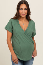 Light Olive Wrap Short Sleeve Raw Hem Maternity Top