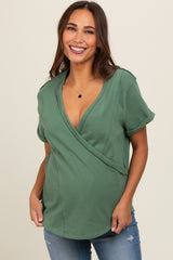 Light Olive Wrap Short Sleeve Raw Hem Maternity Top