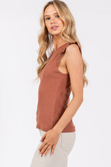 Rust Ribbed Ruffle Shoulder Tank Top