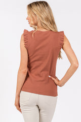 Rust Ribbed Ruffle Shoulder Tank Top