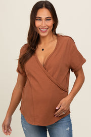 Camel Wrap Short Sleeve Raw Hem Maternity Top