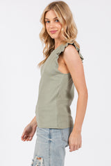 Light Olive Ribbed Ruffle Shoulder Tank Top