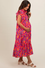 Fuchsia Layered Ruffle Shoulder Tiered Maternity Midi Dress