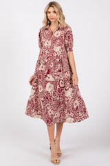 Burgundy Floral Collared Tiered Maternity Midi Dress