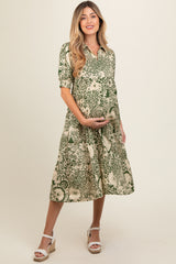 Olive Floral Collared Tiered Maternity Midi Dress