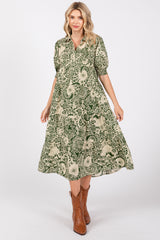 Olive Floral Collared Tiered Midi Dress