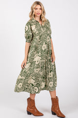 Olive Floral Collared Tiered Maternity Midi Dress