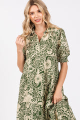 Olive Floral Collared Tiered Midi Dress