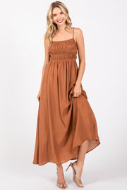 Rust Smocked Cutout Lace Up Back Maxi Dress