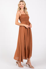 Rust Smocked Cutout Lace Up Back Maxi Dress