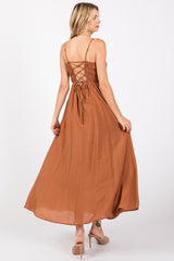 Rust Smocked Cutout Lace Up Back Maxi Dress