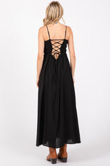 Black Smocked Cutout Lace Up Back Maxi Dress