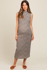 Grey Textured Knit Mock Neck Maternity Midi Dress