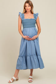 Blue Contrast Stitch Smocked Ruffle Strap Maternity Midi Dress