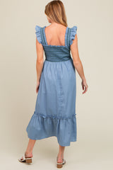 Blue Contrast Stitch Smocked Ruffle Strap Maternity Midi Dress