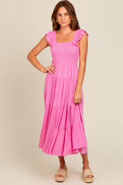 Fuchsia Smocked Tiered Ruffle Strap Midi Dress