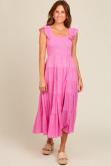 Fuchsia Smocked Tiered Ruffle Strap Midi Dress