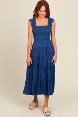 Navy Blue Smocked Tiered Ruffle Strap Midi Dress