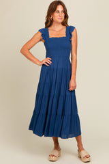 Navy Blue Smocked Tiered Ruffle Strap Midi Dress