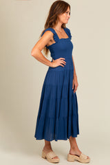 Navy Blue Smocked Tiered Ruffle Strap Midi Dress