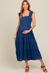 Navy Blue Smocked Tiered Ruffle Strap Maternity Midi Dress