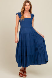 Navy Blue Smocked Tiered Ruffle Strap Maternity Midi Dress