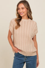 Beige Crochet Knit Short Sleeve Sweater Maternity Top