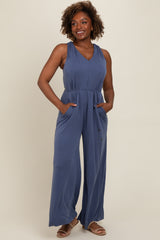 Blue Racerback Wide Leg Maternity Jumpsuit