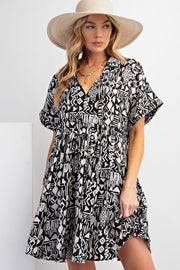 Black Printed Front Tie Dress