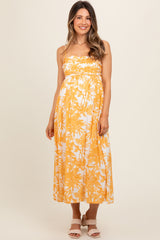 Yellow Floral Pleated Front Back Cut-Out Maternity Midi Dress