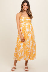 Yellow Floral Pleated Front Back Cut-Out Maternity Midi Dress