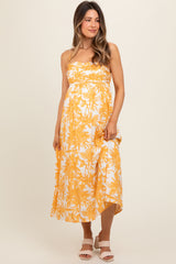 Yellow Floral Pleated Front Back Cut-Out Maternity Midi Dress