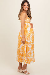 Yellow Floral Pleated Front Back Cut-Out Maternity Midi Dress