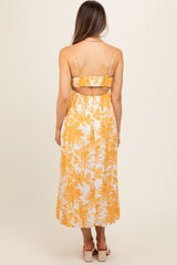 Yellow Floral Pleated Front Back Cut-Out Maternity Midi Dress