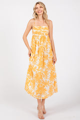 Yellow Floral Pleated Front Back Cut-Out Midi Dress