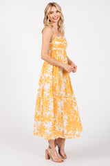 Yellow Floral Pleated Front Back Cut-Out Midi Dress