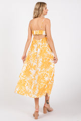 Yellow Floral Pleated Front Back Cut-Out Midi Dress