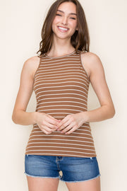 Camel Striped Rib Knit Tank Top