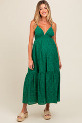 Forest Green Eyelet Lace Smocked Cutout Maternity Maxi Dress