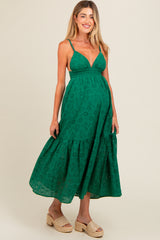 Forest Green Eyelet Lace Smocked Cutout Maternity Maxi Dress