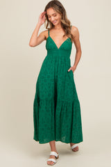 Forest Green Eyelet Lace Smocked Cutout Maternity Maxi Dress