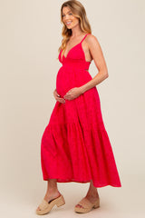 Fuchsia Eyelet Lace Maternity Midi Dress