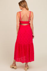 Fuchsia Eyelet Lace Maternity Midi Dress