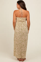 Olive Paisley Print Halter Maternity Midi Dress