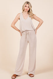 Beige Rib Knit Tank and Pant Set