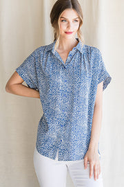 Blue Print Collared Button Up Top